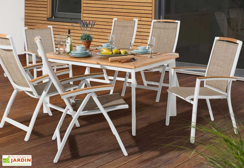 Salon de Jardin Alu avec Table Teck + 6 Chaises Blanc Catena  Sieger