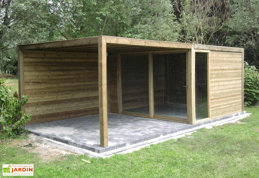 abri de jardin bois baie vitree auvent exterior 350x738cm gardival
