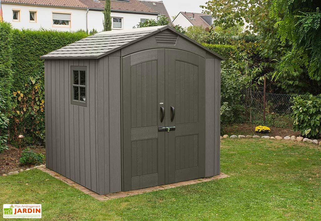 abri de jardin en polyethylene imitation bois et acier inox 4 5 m lifetime