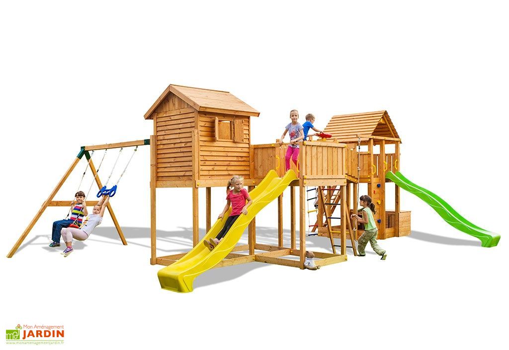 Aire de Jeux Géante Play Box Toboggans + Cabanes + Balançoire + Pont