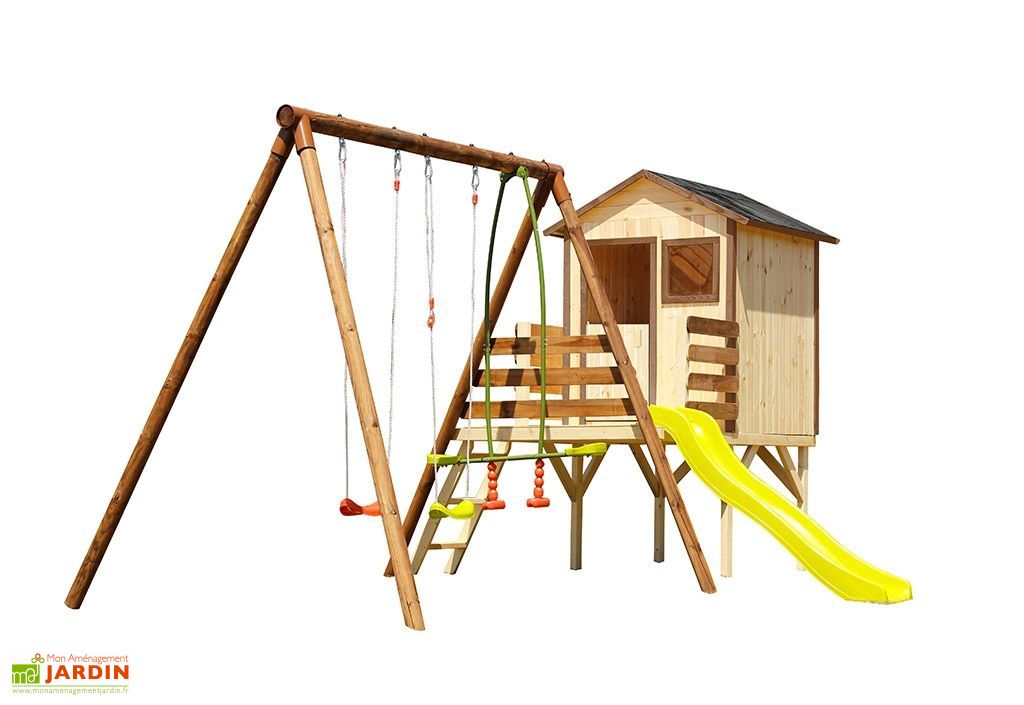 Aire de Jeux en Bois : Cabane + Portique + Toboggan Lynda ...