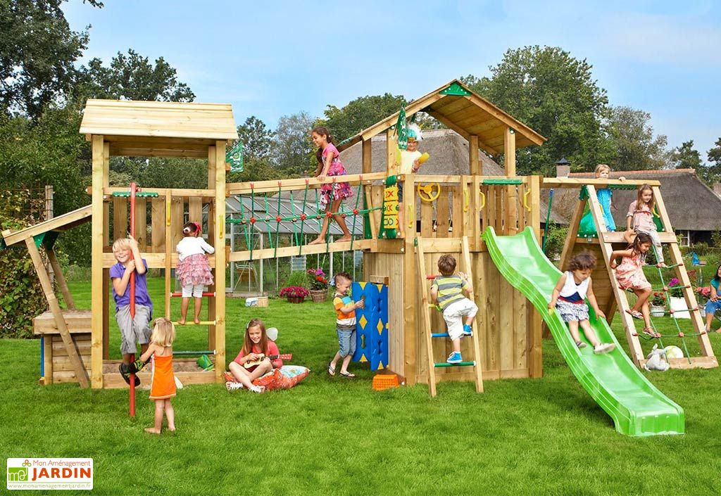 Aire de Jeux Jungle Paradise 4 Bois Toboggan + Escalade + Pont Jungle Gym