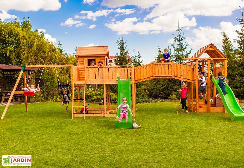 Aire De Jeux En Bois De Pin Traite Portique 2 Toboggans Smile Farm Fungoo