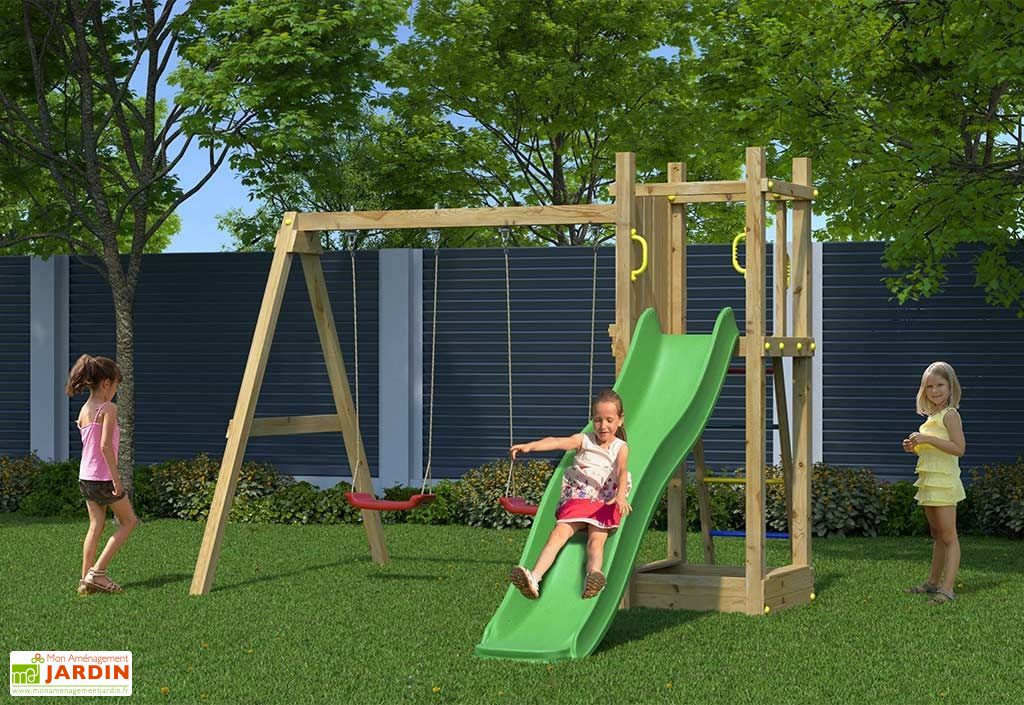 Aire De Jeux En Bois Traite Margote Tour Toboggan Portique