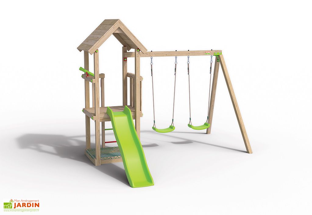 aire de jeux avec cabane toboggan et portique en bois easy xplorer trigano