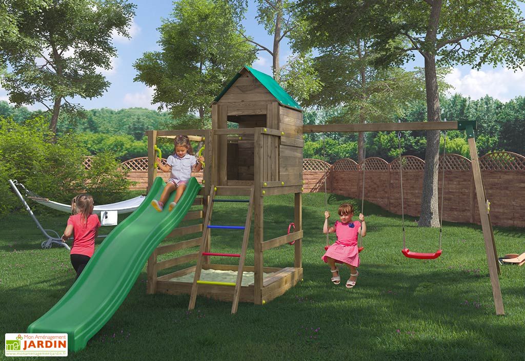 Aire De Jeux Avec Portique En Bois De Pin Traite 2 Balancoires Jarcas Fungoo
