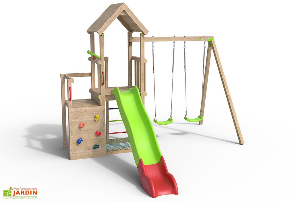 aire de jeux avec cabane toboggan et portique en bois ultra xplorer trigano