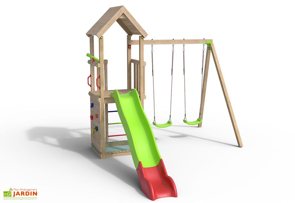 aire de jeux avec cabane toboggan et portique en bois smart xplorer trigano
