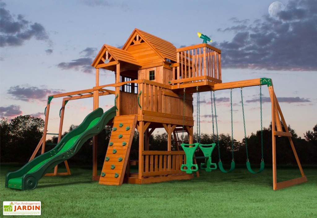 Aire de Jeux avec Portique et Toboggan en Bois de Cèdre Skyfort II