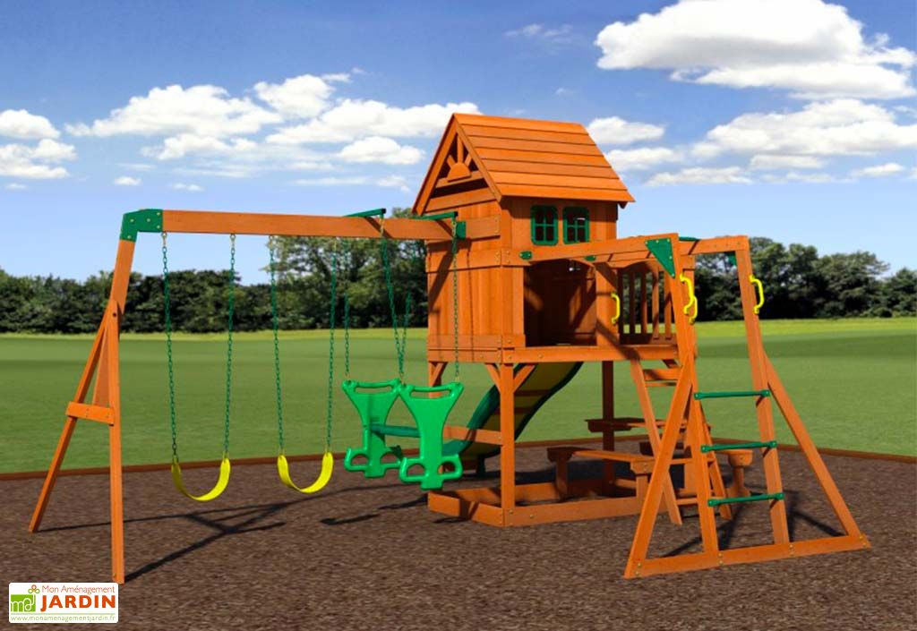 Aire de Jeux avec Portique et Toboggan en Bois de Cèdre Springboro