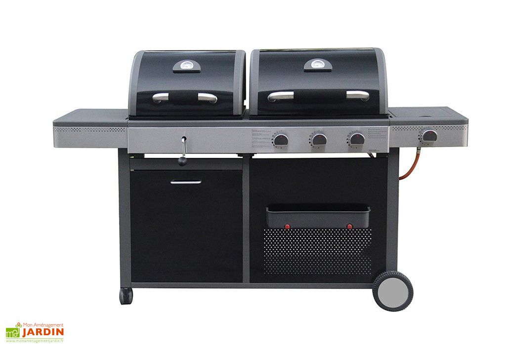 barbecue double gaz et charbon en acier et inox 4 bruleurs 11 kw mon jardin