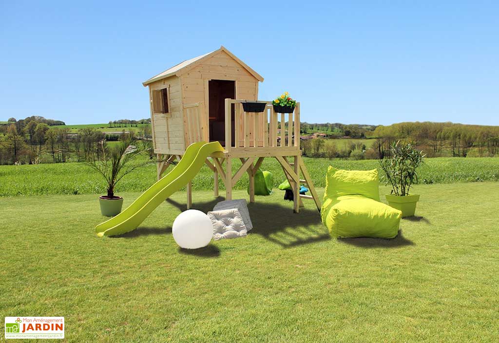 Cabane Maison Enfant en Bois Brut sur Pilotis + Toboggan Soulet