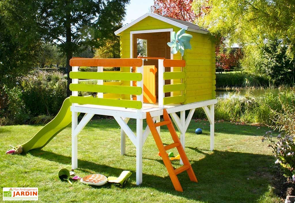 Cabane Maison d'Enfants en Bois Brut sur Pilotis Alice + Toboggan - Soulet
