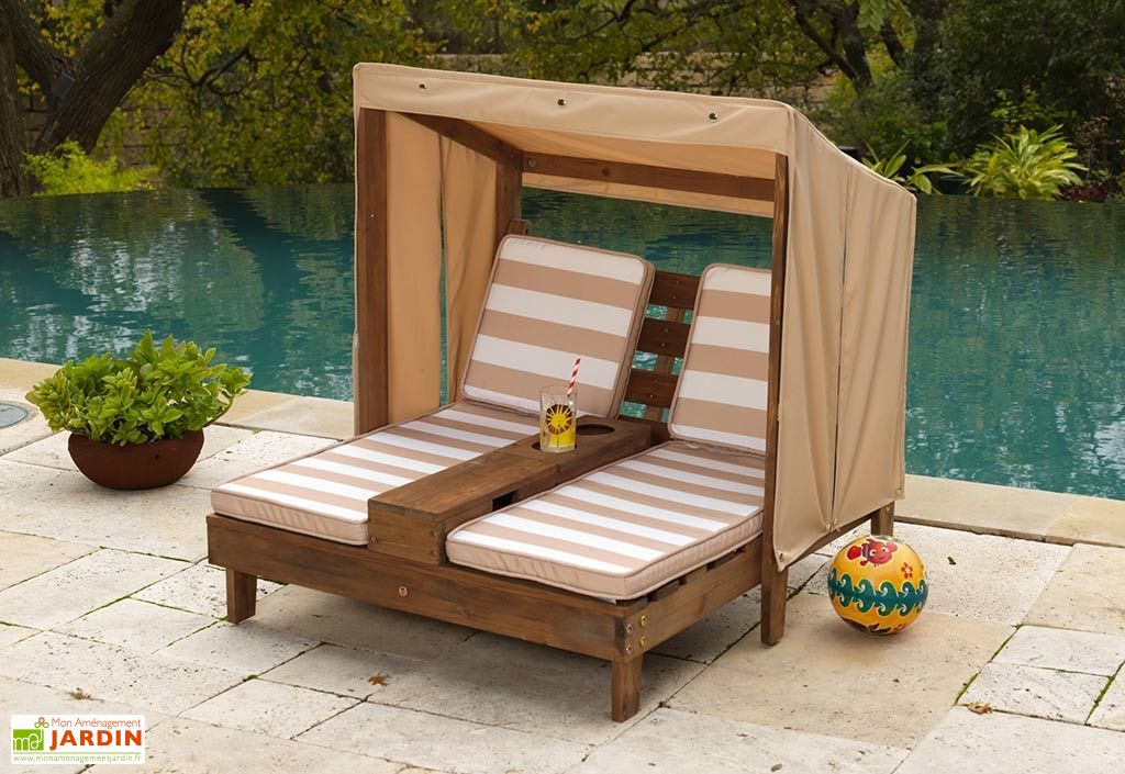 Chaise Longue Double En Bois Pour Enfant Auvent Et Coussins