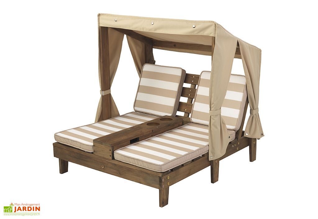 Chaise Longue Double en Bois pour Enfant + Auvent et Coussins Marron