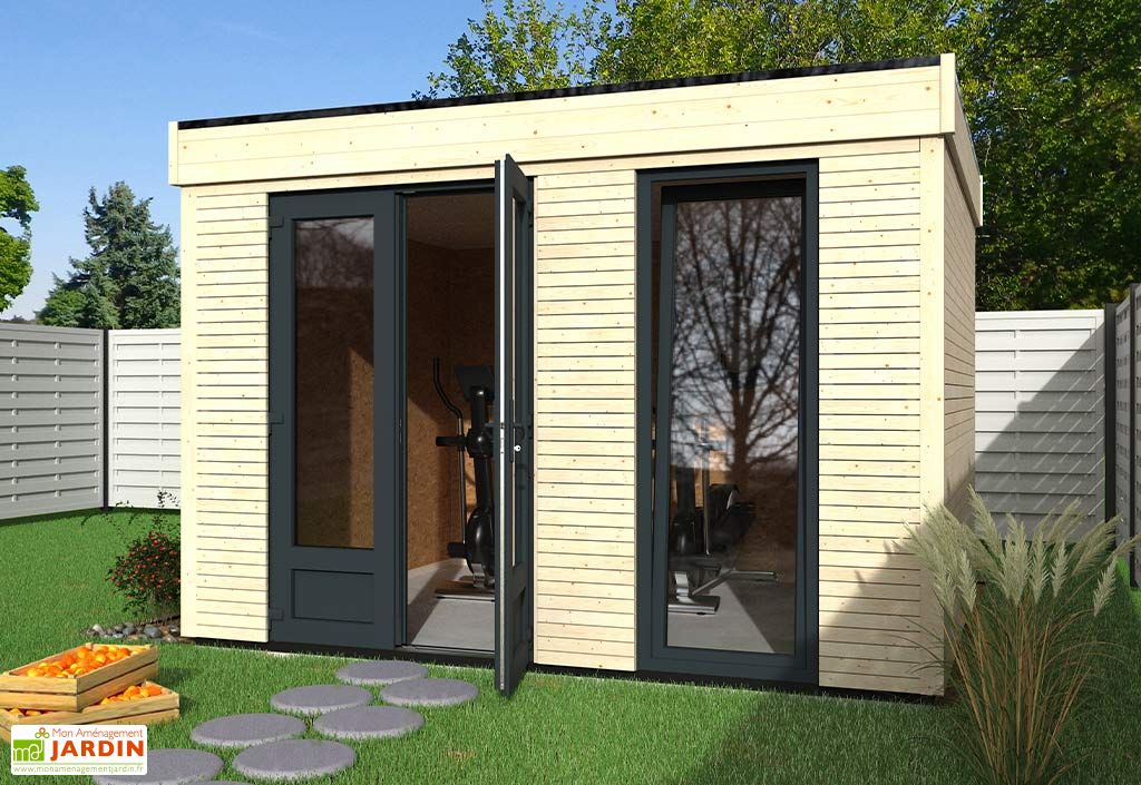 chalet en bois habitable isole 90 mm double vitrage toit plat 9 m decor et jardin
