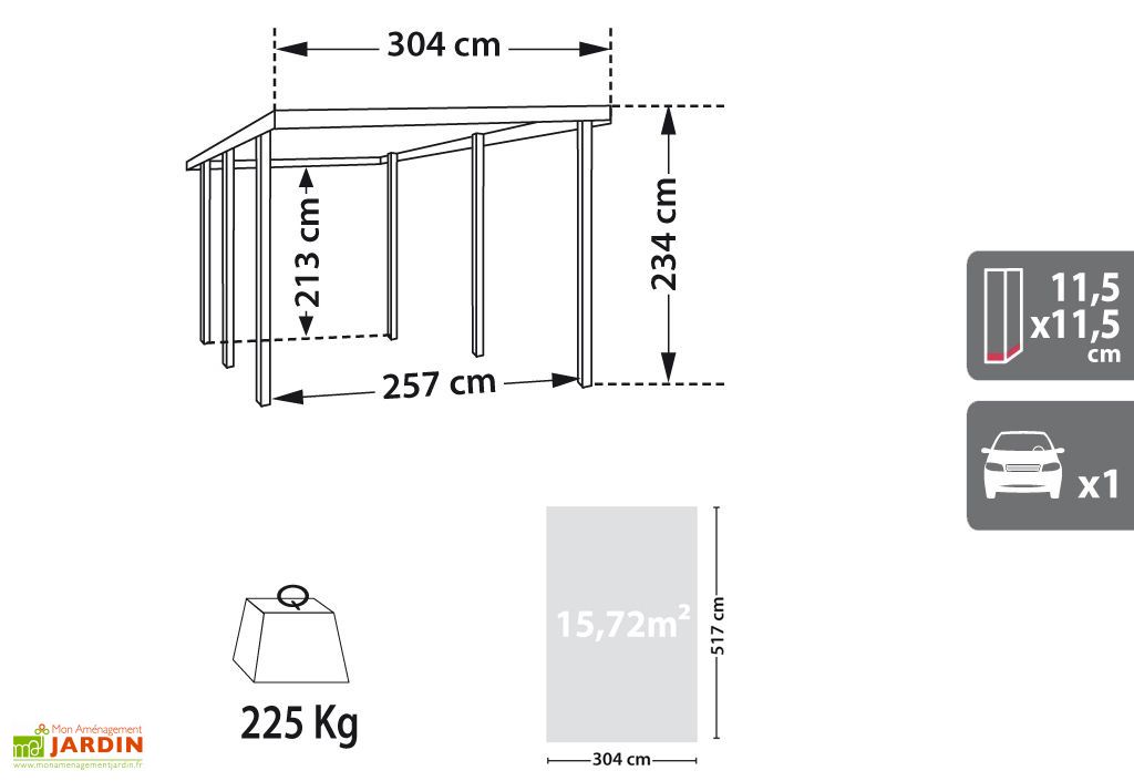 Carport Bois Enzo 1 Voiture Teinte Marron 3x5 1x2 33 Madeira