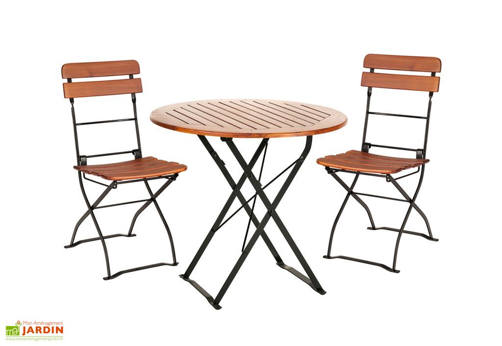 Salon De Jardin En Bois Pliable Cafe Table Ronde 2 Chaises