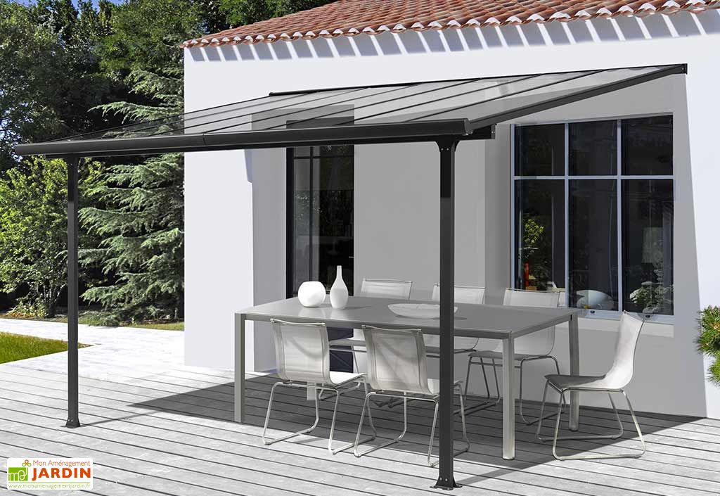 Pergola En Aluminium Gris Et Polycarbonate 307x300x299cm Habrita