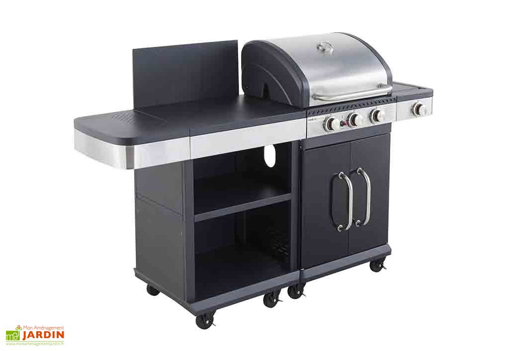 Plancha à Gaz 3 Brûleurs sur Chariot Métal Fidgi 3 + option Barbecue gaz CUISINE EXTERIEURE 3 BRULEURS + 2 DESSERTES