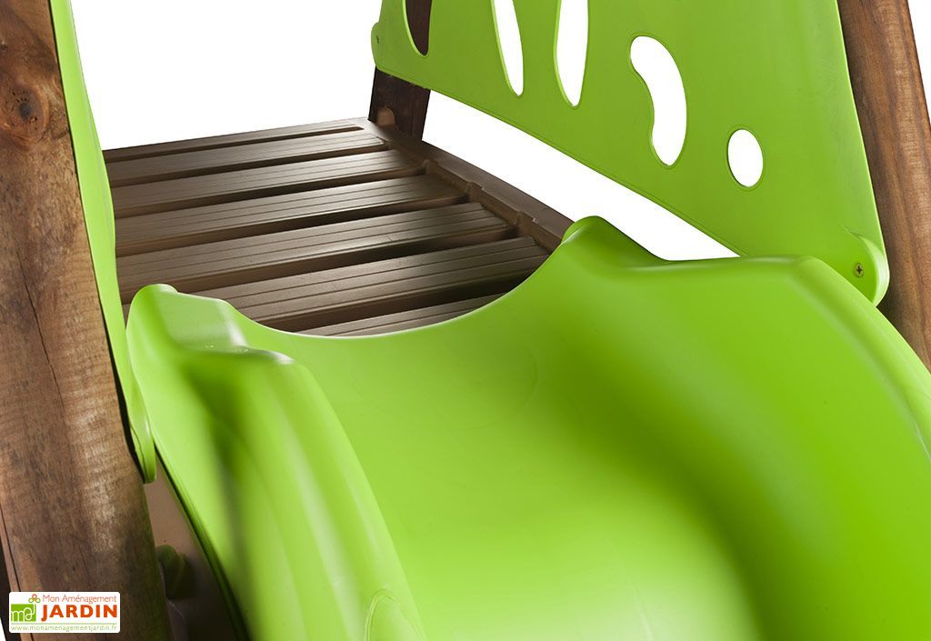 Portique Balançoires + Toboggan + Mur d'Escalade Bois et Métal Appolo Amca