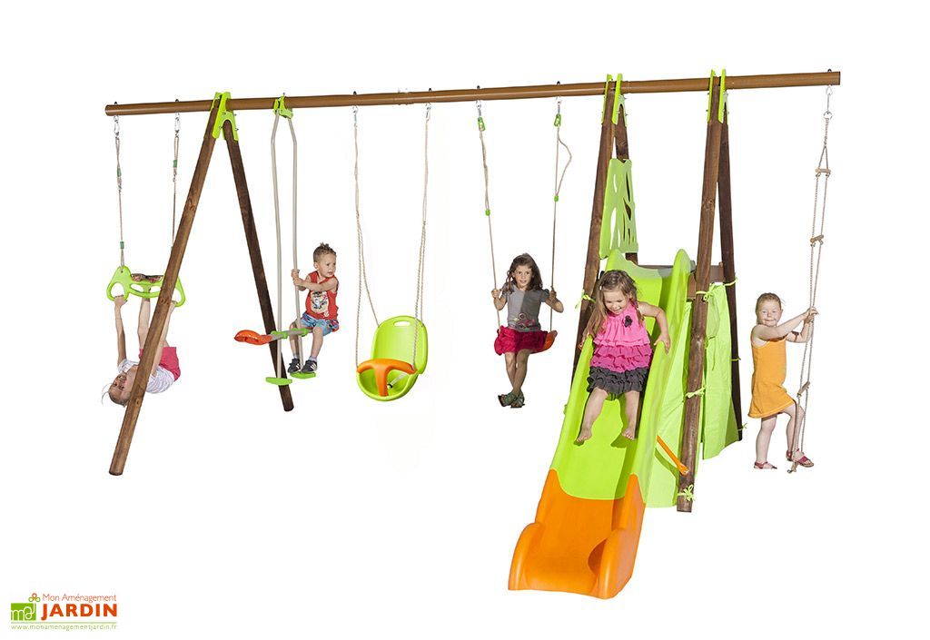 Portique Balançoires + Toboggan + Cabane Bois et Métal Legato Trigano