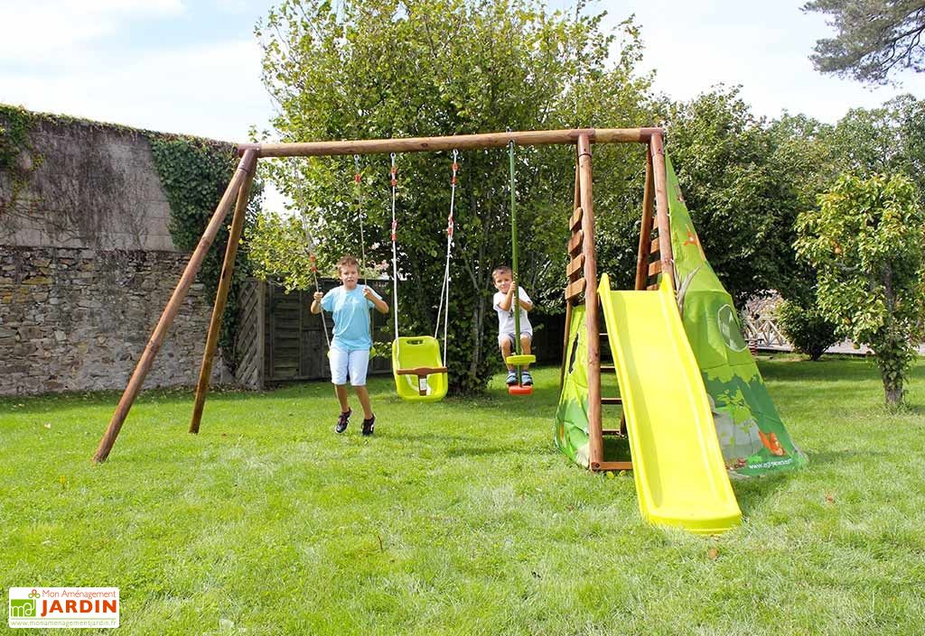 Portique Balançoires en Bois Autoclave + Toboggan Caramel 2,30 m Soulet