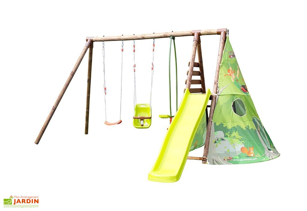 Portique Balançoires en Bois Autoclave + Toboggan Caramel 2,30 m Soulet