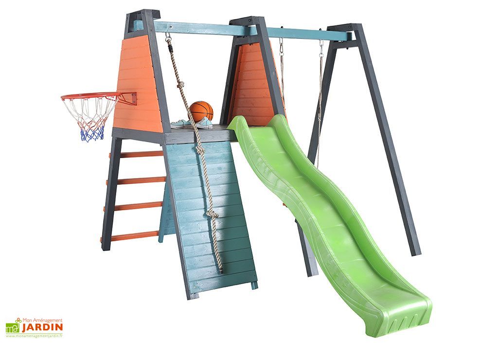 Portique Toboggan et Balançoire Bois + Mur d'Escalade - Burger