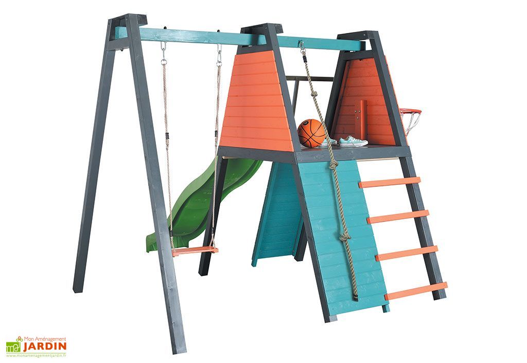 Portique Toboggan et Balançoire Bois + Mur d'Escalade - Burger