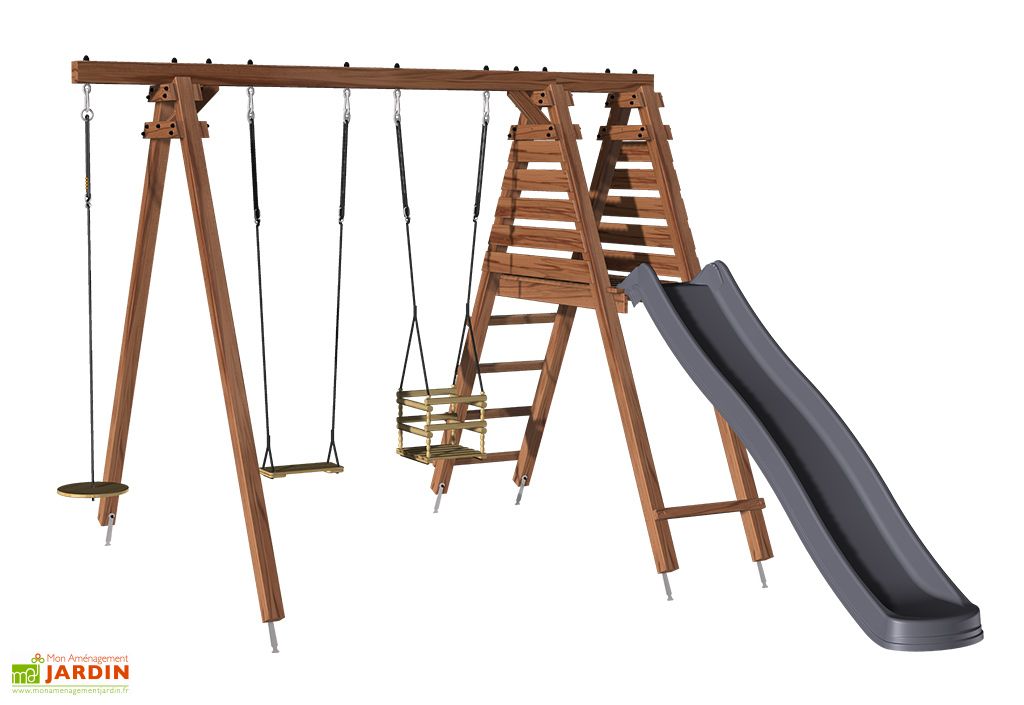 Portique écofriendly en bois traité toboggan + 3 agrès Fleur Soulet