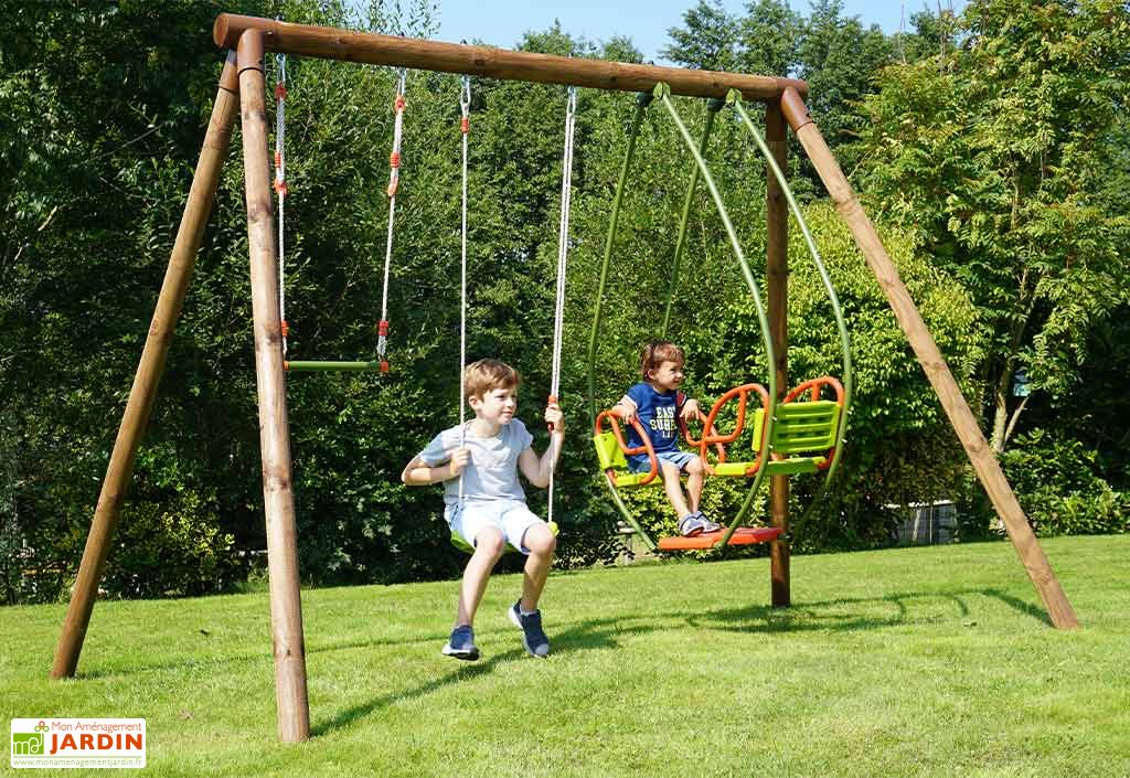 Portique En Bois 4 Enfants 1 Balancoire 1 Trapeze 1 Balancelle Milo Soulet
