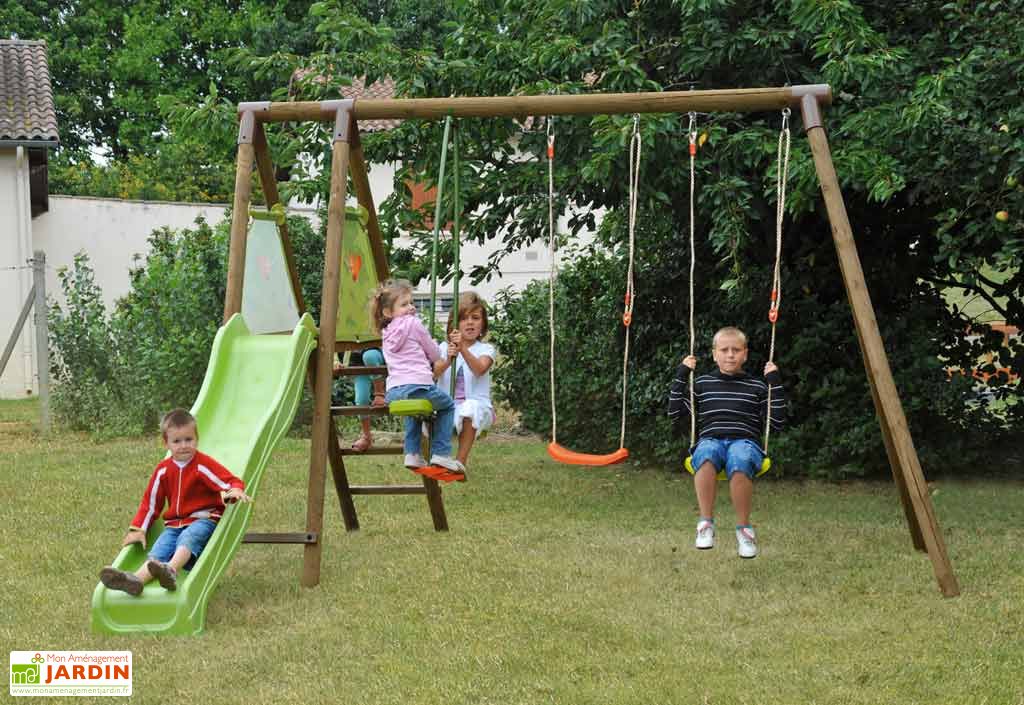 Portique Toboggan et Balançoire Bois Ancolie 2,35m Soulet