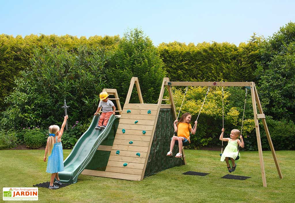 Portique Toboggan et Balançoire Bois Pyramide Plum