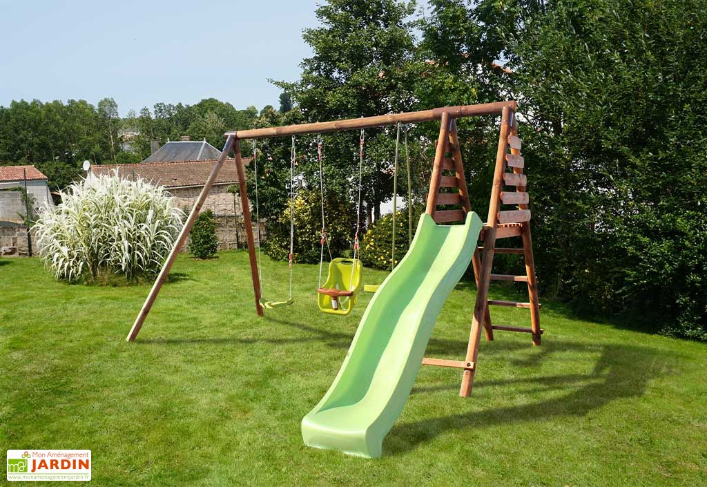 Portique en bois toboggan et 2 agrès 312 ans + 1 siège bébé Tulipe