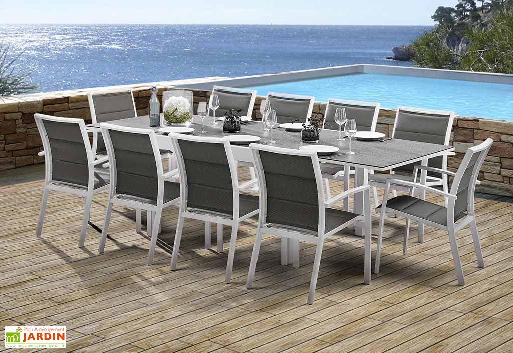 Salon de jardin Modulo Stone : Table Extensible + 10 Fauteuils - Wilsa