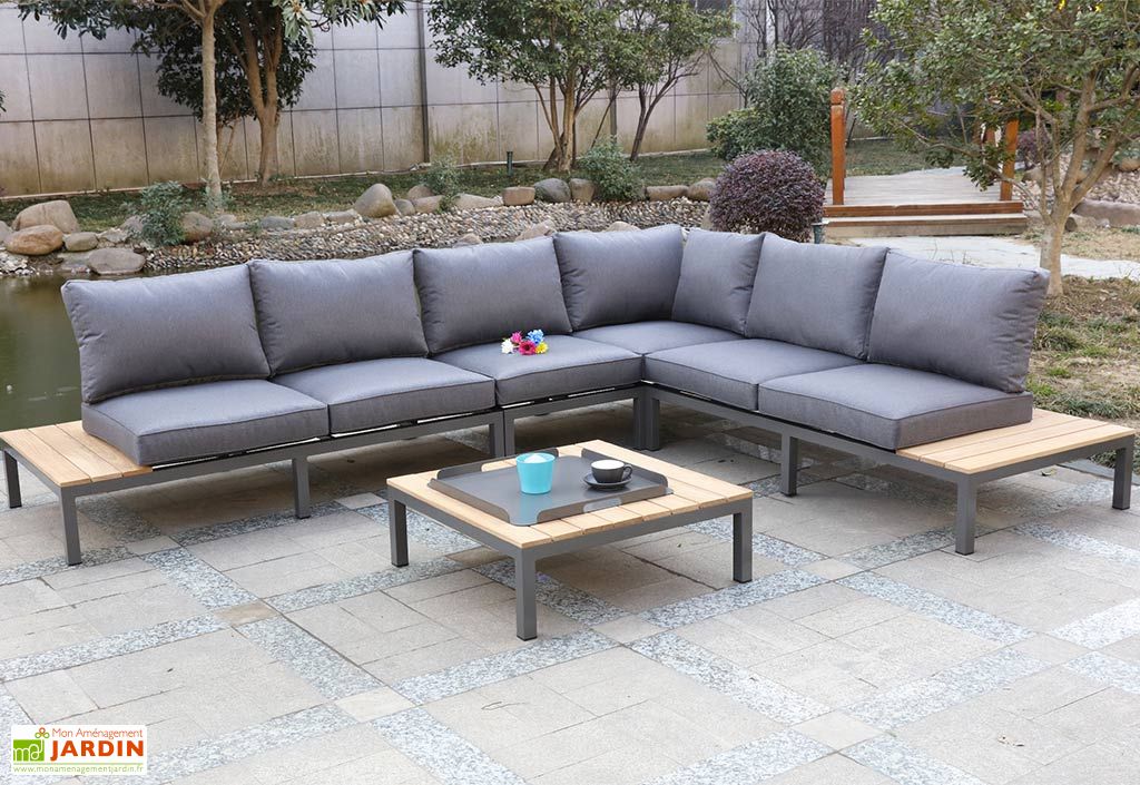 Salon de Jardin 6 Places en Aluminium et Bois de Teck Nagano  DCB Garden