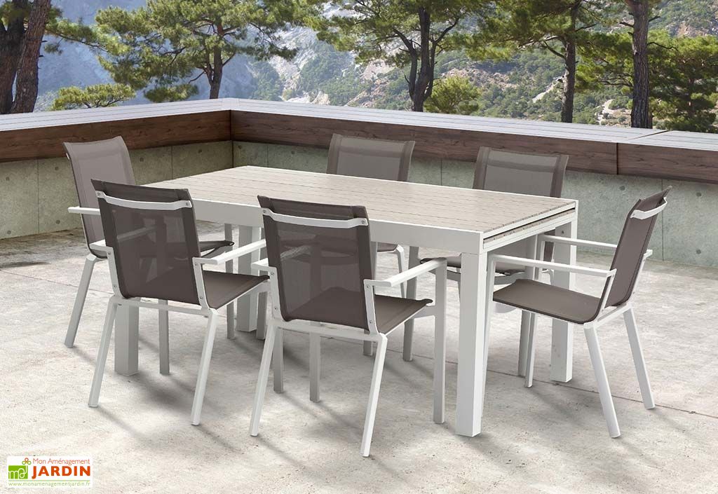 Salon de Jardin Aluminium Tulum Blanc et Aspect Bois (TB + FT) - Wilsa Salon de Jardin Aluminium Tulum Blanc et Aspect Bois (TB + FT) - Wilsa