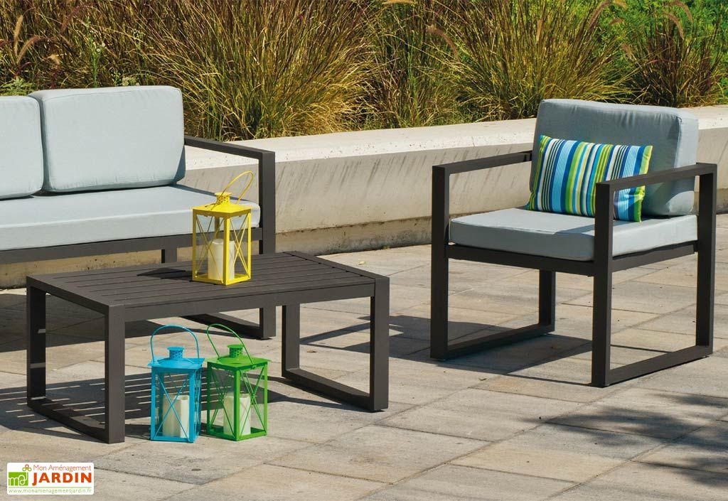 Salon de jardin bas en aluminium  canapé, 2 fauteuils, table basse