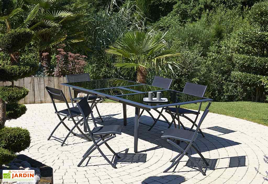Salon de Jardin Noir en Verre Table 240 cm + 6 Chaises - DCB Garden Salon de Jardin Noir en Verre Table 240 cm + 6 Chaises - DCB Garden