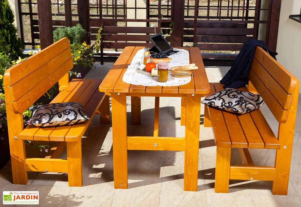 Salon de Jardin Bois 30 mm 6 Places : 1 table + 2 Bancs Hambourg ... Salon de Jardin Bois 30 mm 6 Places : 1 table + 2 Bancs Hambourg ...
