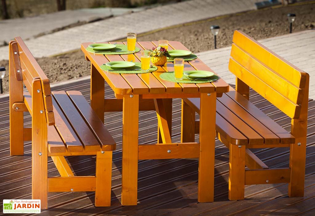 Salon de Jardin Bois 40 mm 6 Places : 1 table + 2 Bancs Strasbourg ... Salon de Jardin Bois 40 mm 6 Places : 1 table + 2 Bancs Strasbourg ...