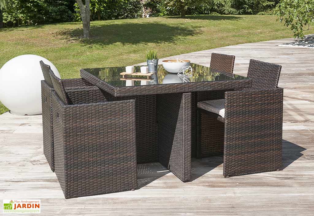 Salon De Jardin Encastrable En Resine Tressee Et Verre Chocolat