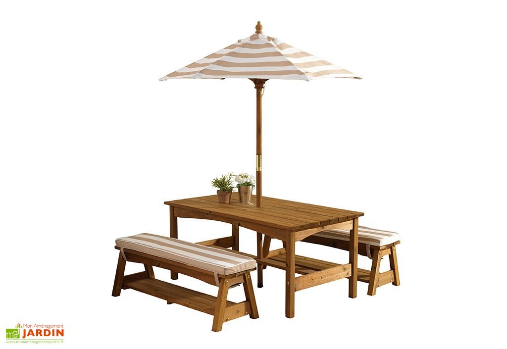 Salon De Jardin Bois Pour Enfants Table Bancs Parasol Taupe Kidkraft