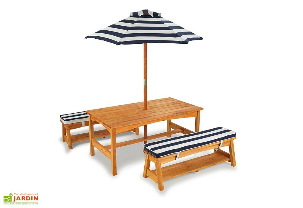 Salon De Jardin Bois Pour Enfants Table Bancs Parasol Bleu