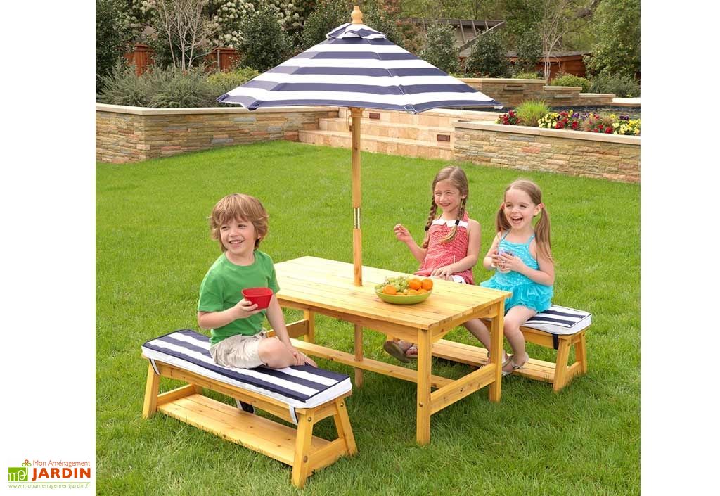 Salon De Jardin Bois Pour Enfants Table Bancs Parasol Bleu Marine Kidkraft