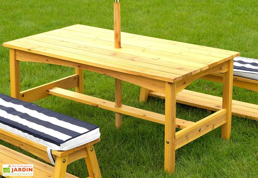 Salon De Jardin Bois Pour Enfants Table Bancs Parasol Bleu