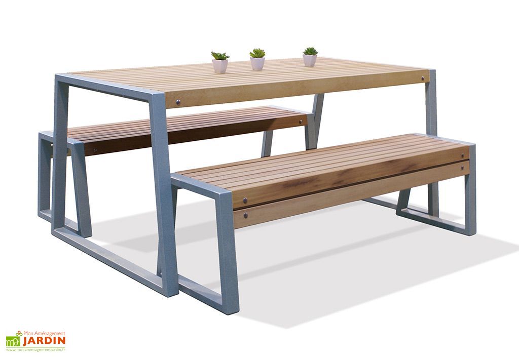 Salon De Jardin Table Bancs En Iroko Et Metal Lucca 2
