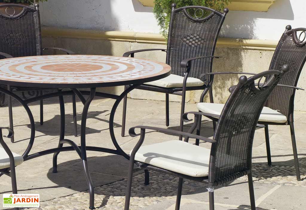 Salon De Jardin Acier Mosaique Rond 6 Fauteuils O120 Cm Hevea