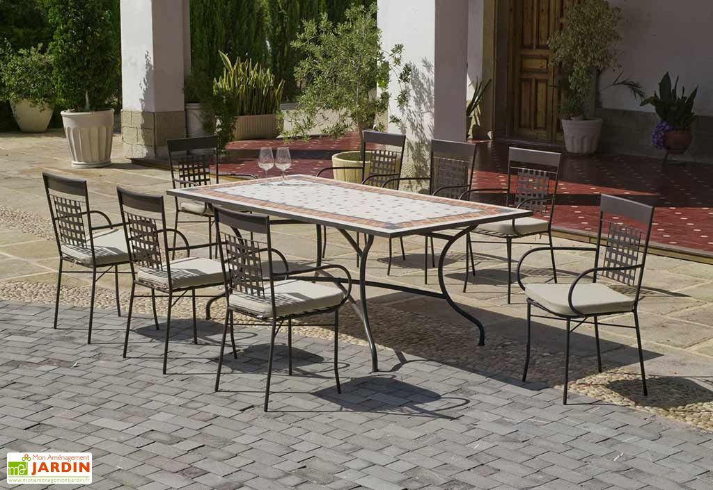 Salon De Jardin Acier Mosaique 8 Fauteuils 200 X 100 Cm Hevea